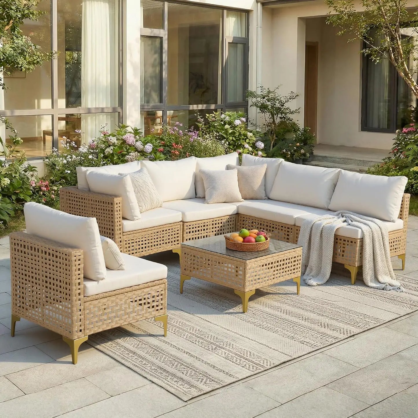 7-Piece Wicker Patio Sectional Sofa with Cushions & Glass Coffee Table for Porch Garden Backyard, Customized