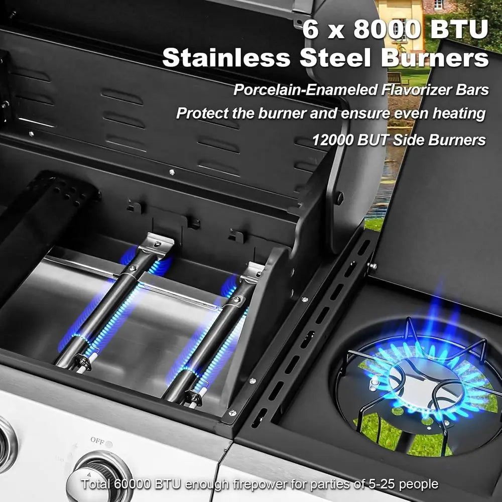 Upgraded 60,000 BTU Stainless Steel Burner Barbecue Grill, 6 Burner BBQ Propane Gas Grill with Side Stove & Cast Iron Grates for