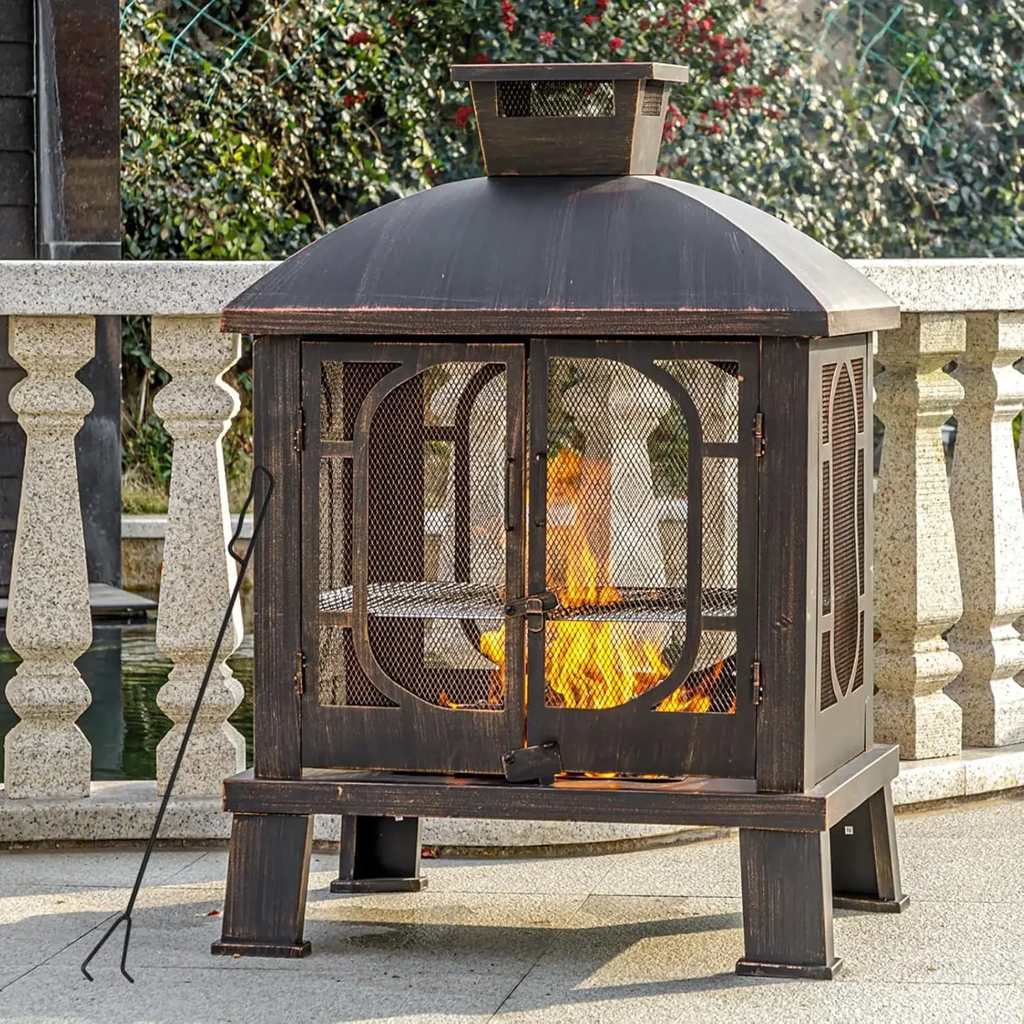 45" H×31''W Metal Chiminea Fire Pit with Grill, Wood Burning Fire Pits for Outside,Square Chimineas Fireplace with Mesh Spark Sc