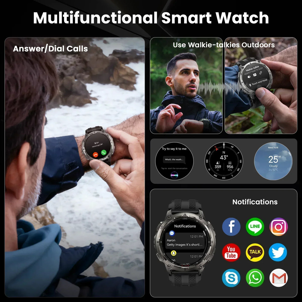 T4 Smart Watch for Men 6-Sat GPS Offline Maps 10ATM Waterproof Heart Rate Diving Skiing Hiking for Android iOS