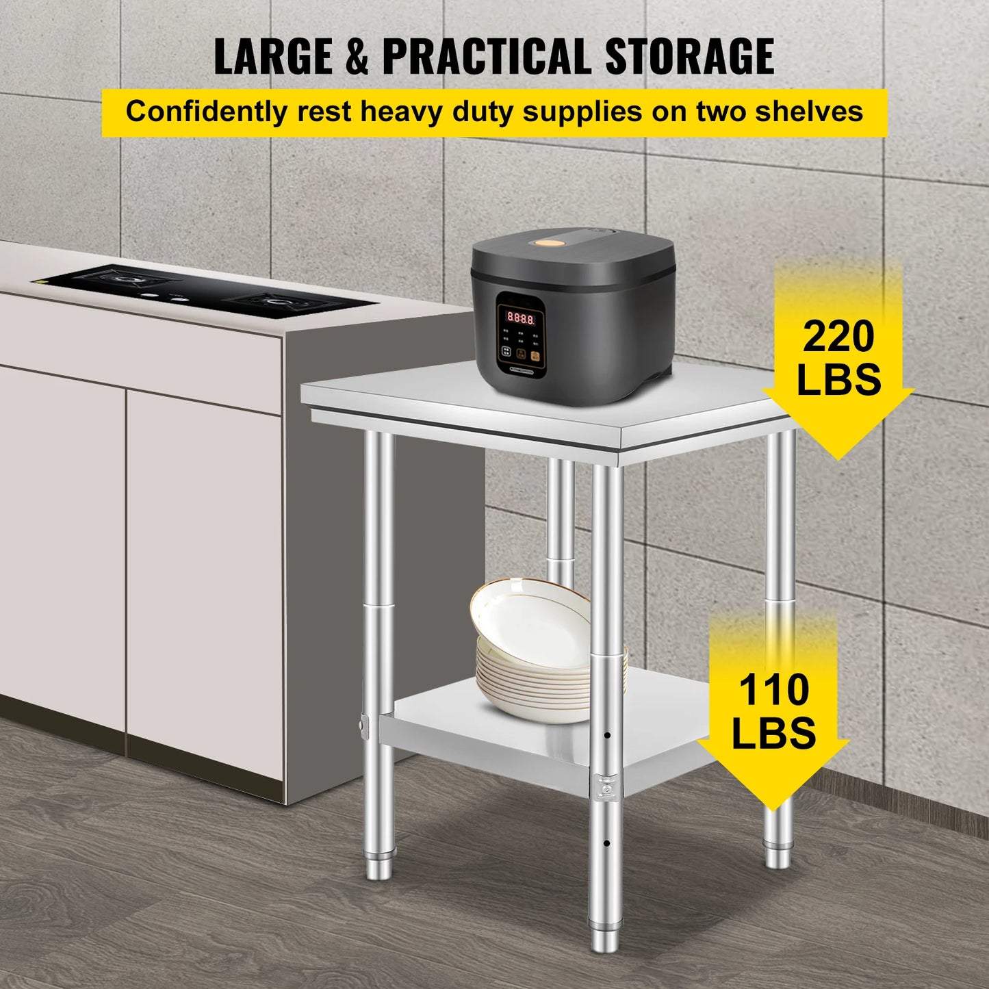 SucceBuy Stainless Steel Table for Prep & Work Metal Commercial Kitchen Heavy Duty Table with Adjustable Under Shelf and Foot
