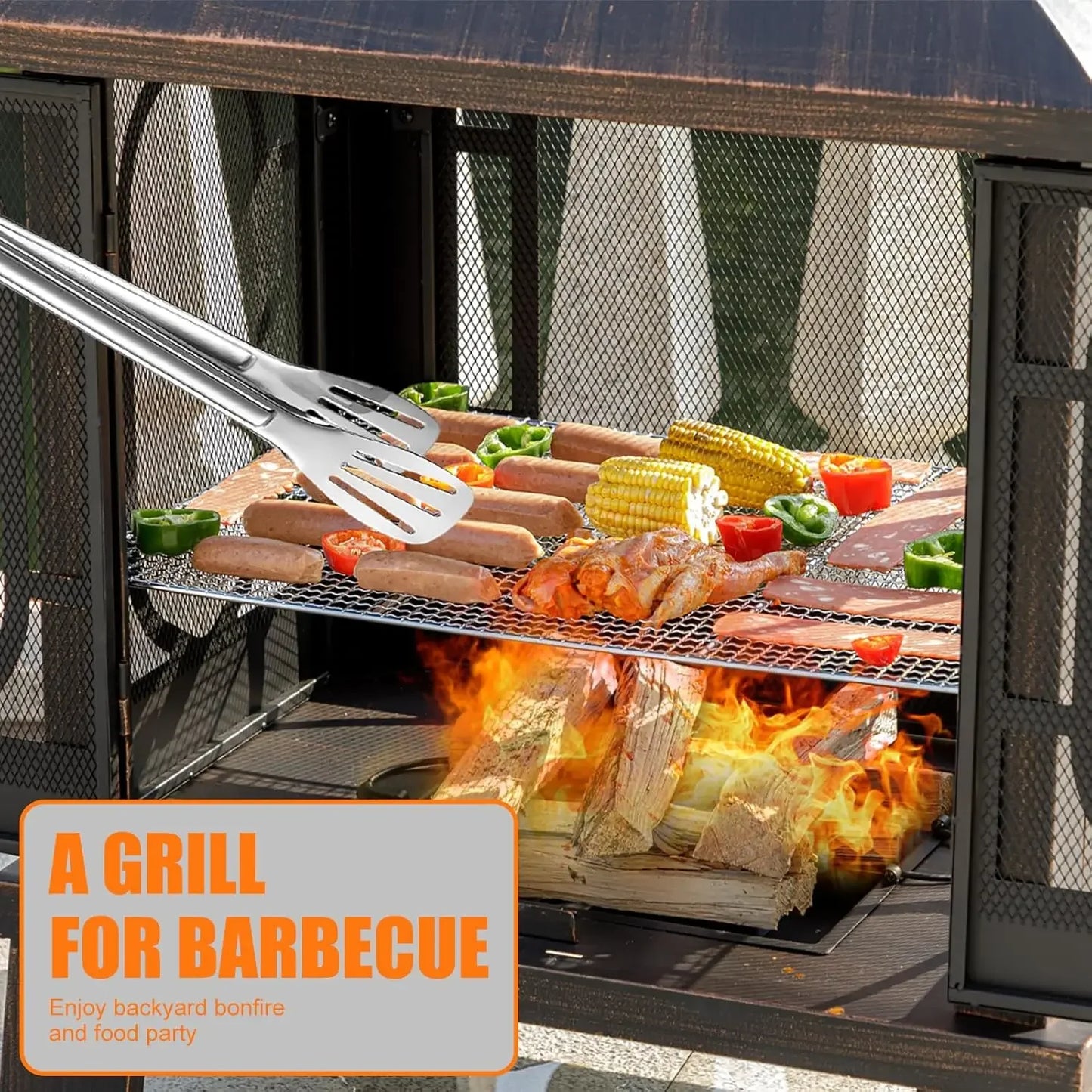 45" H×31''W Metal Chiminea Fire Pit with Grill, Wood Burning Fire Pits for Outside,Square Chimineas Fireplace with Mesh Spark Sc
