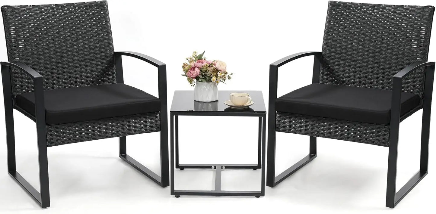 Black Frame Black Cushion 3 Piece Rattan Patio Bistro Set With Coffee Table For Balcony Porch Garden Yard Poolside