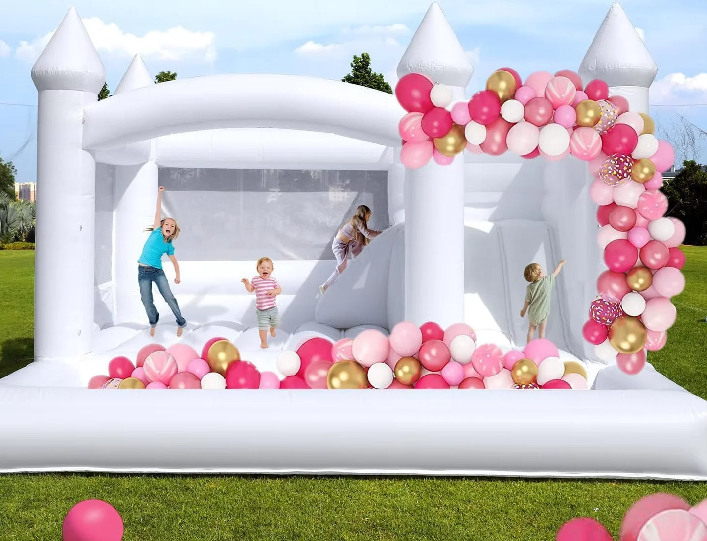 In stock! Large white bounce house, slide and ball pit, outdoor PVC trampoline, bouncy castle with blower for kids and adults