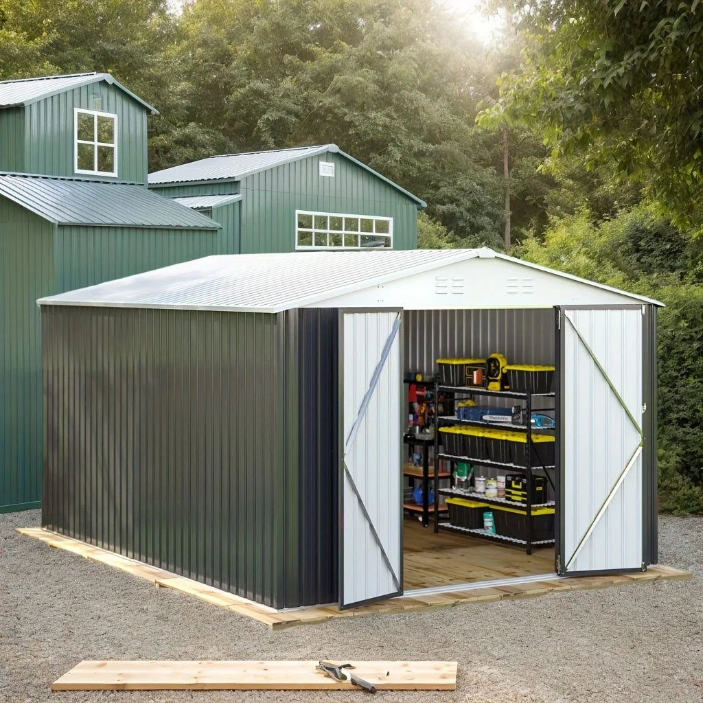 VIWAT 10x14FT Galvanized Steel Storage Shed, Reinforced Frame & Lockable Door, Garden Tool Shed for Backyard, Patio
