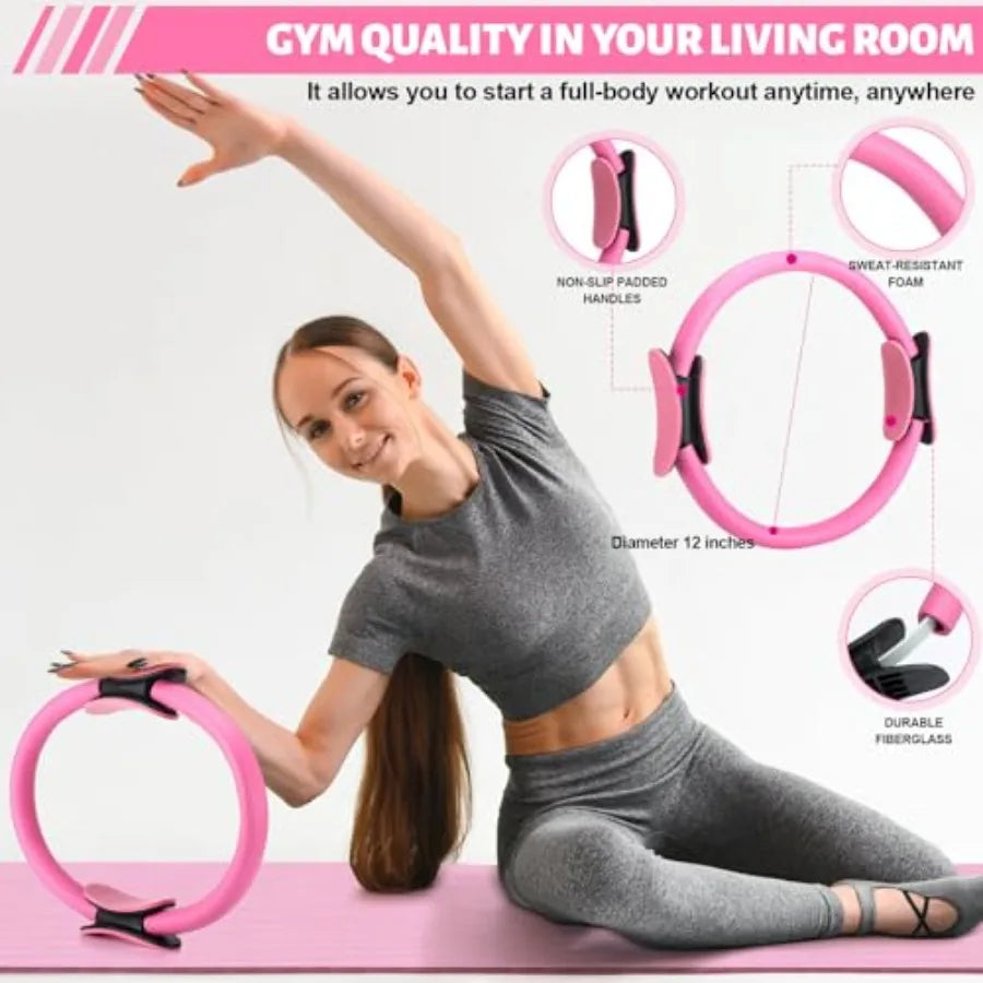 Set of 18 Pilates Ring Essential Kit for Women with Latex Tube Yoga Strap Ankle Resistance Band Arm Stretcher Socks Mat Gym Bac