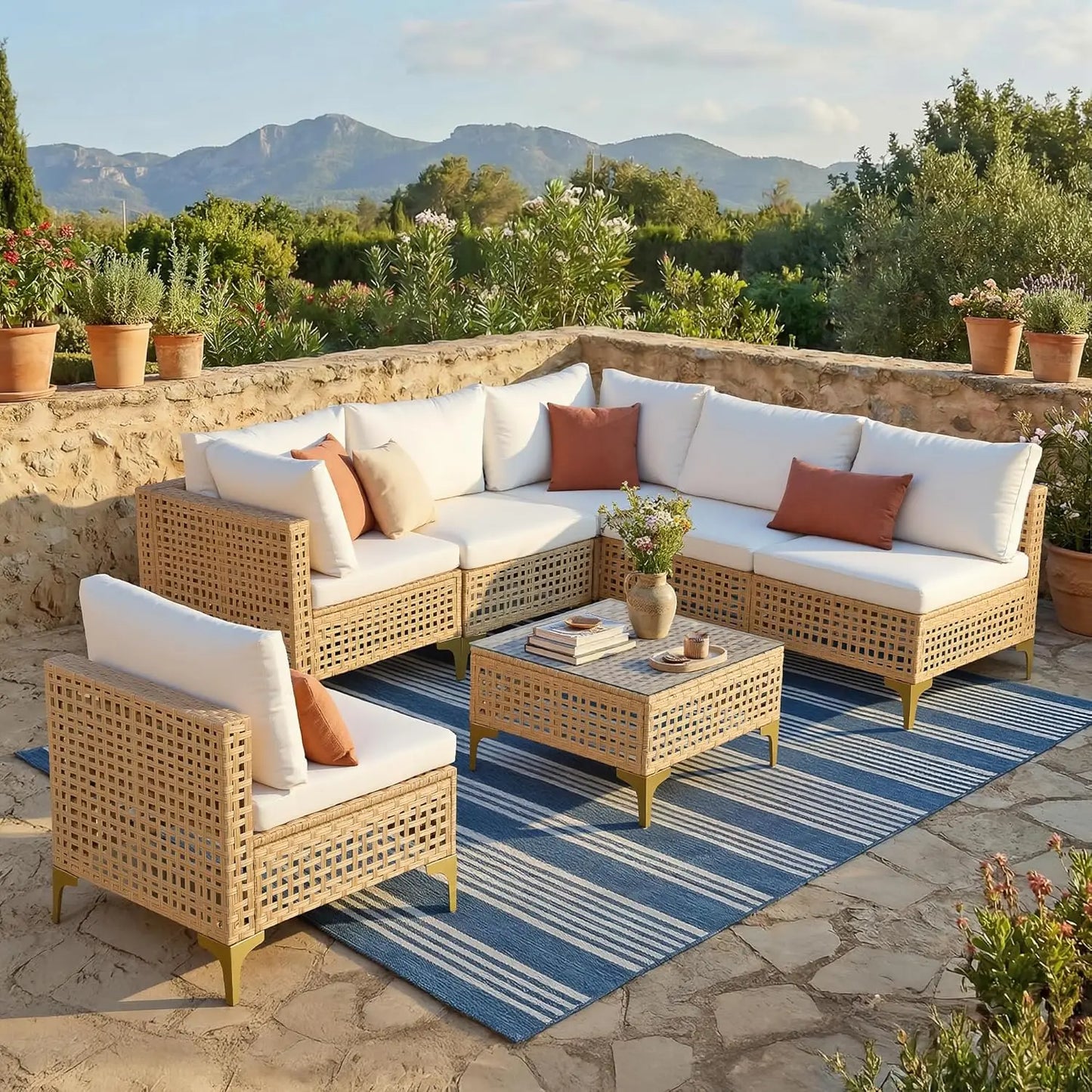 7-Piece Wicker Patio Sectional Sofa with Cushions & Glass Coffee Table for Porch Garden Backyard, Customized