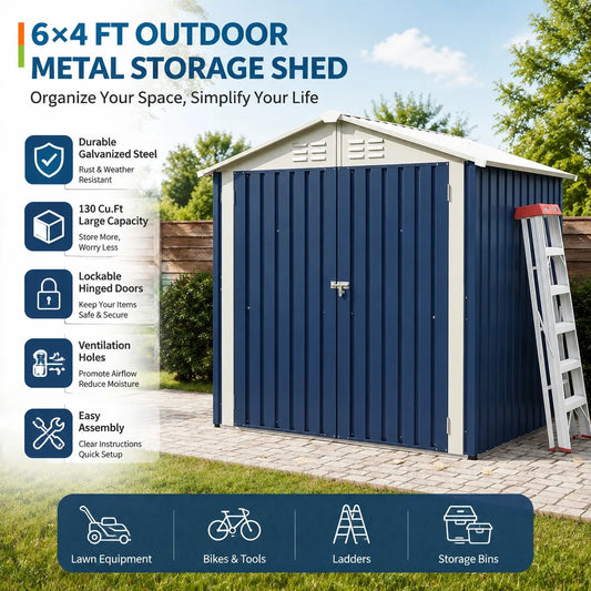 6x4 FT Outdoor Metal Storage Shed Waterproof Galvanized Steel Garden Shed with Lockable Hinged Door Ventilation Holes Reinforced Frame Backyard Tool Storage House for Lawn Equipment