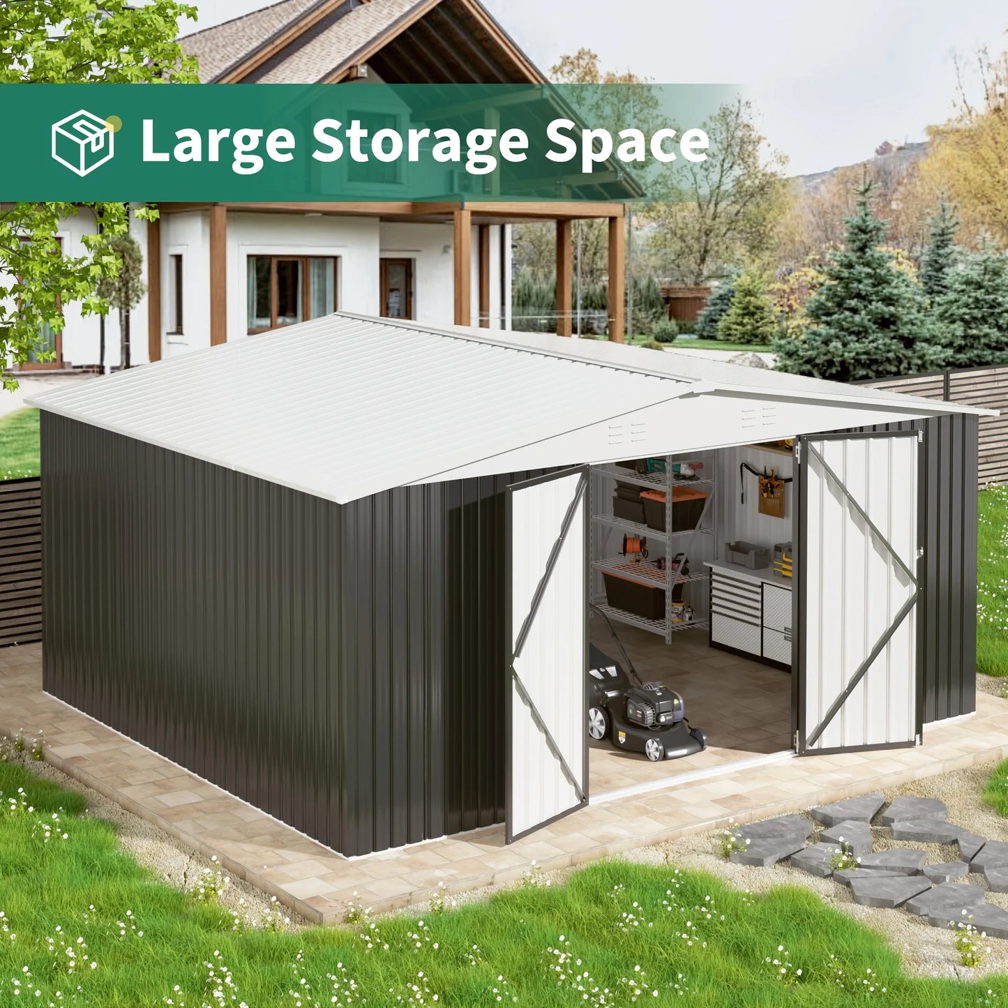 10x12/12x14FT Galvanized Steel Storage Shed Heavy Duty Lockable Hasp Door Black/White Roof Garden Tool Shed for Backyard Patio