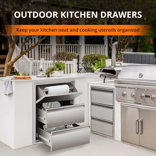 Outdoor Kitchen Drawers with Paper Towel Holder, Stainless Steel Outdoor Kitchen Drawers, 3-Layer Flush Mount BBQ Drawers