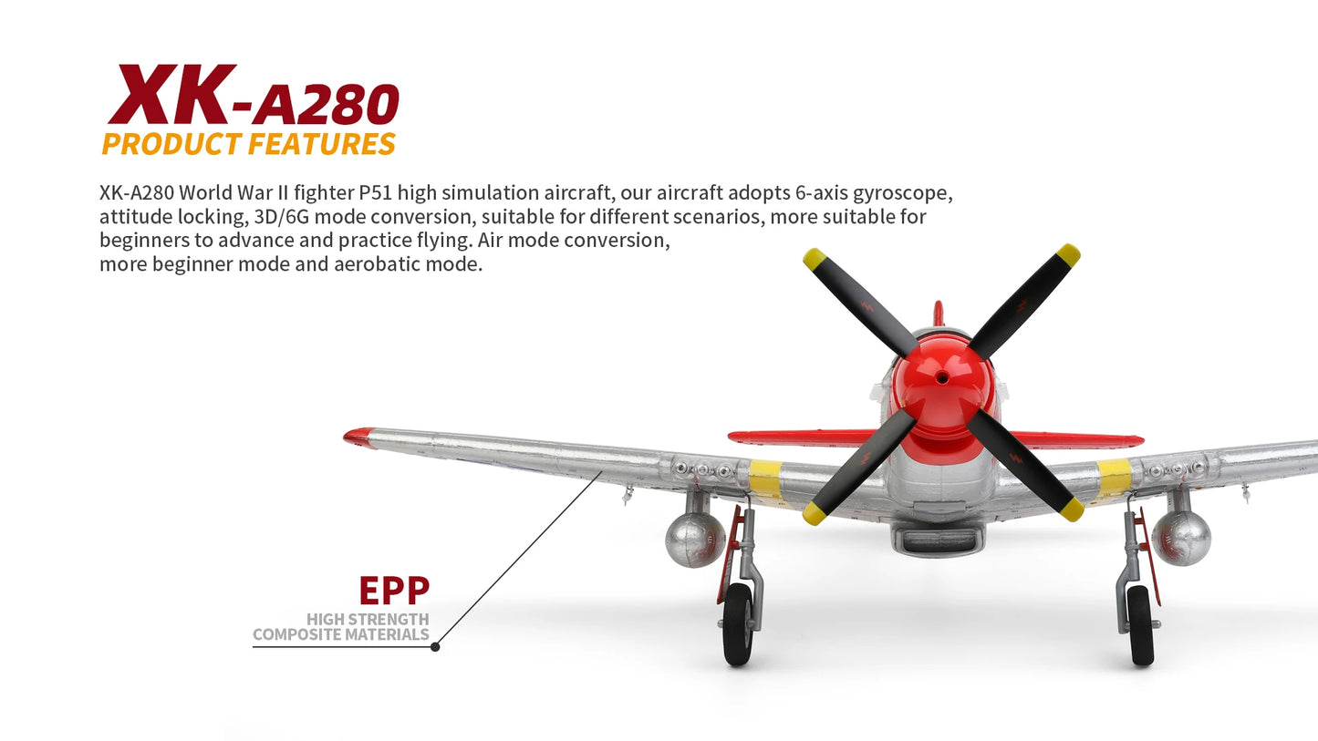 XK A280 P-51 3D/6G System 560mm Wingspan 2.4GHz 4CH EPP RC Airplane Fighter RTF With LED Lights Vehicles Toy Gift for Beginner
