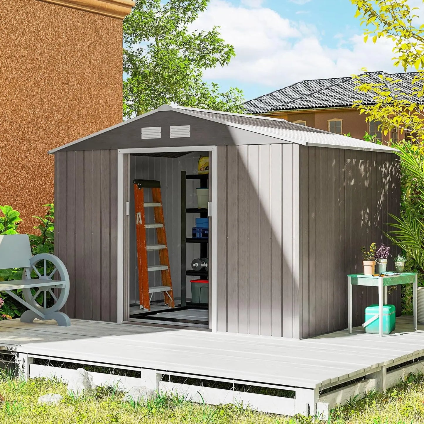 9x6ft Metal Outdoor Storage Shed Tool House Double Lockable Door Air Vents Sloping Roof Backyard Patio Lawn Customized