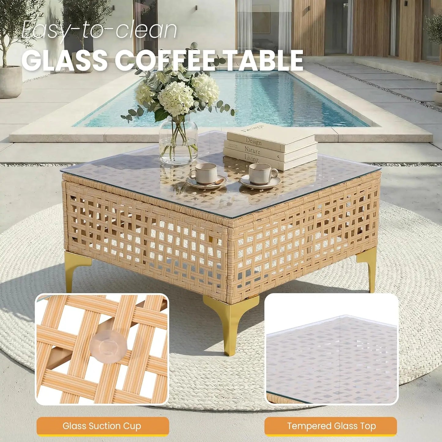 7-Piece Wicker Patio Sectional Sofa with Cushions & Glass Coffee Table for Porch Garden Backyard, Customized