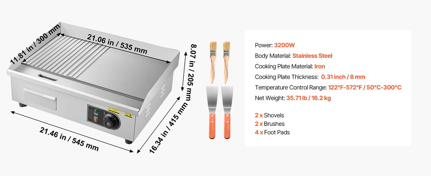 Commercial Electric Griddle 50-300°C Adjustable Temp Control, Stainless Steel Countertop Flat Top Grill for Steak Panc