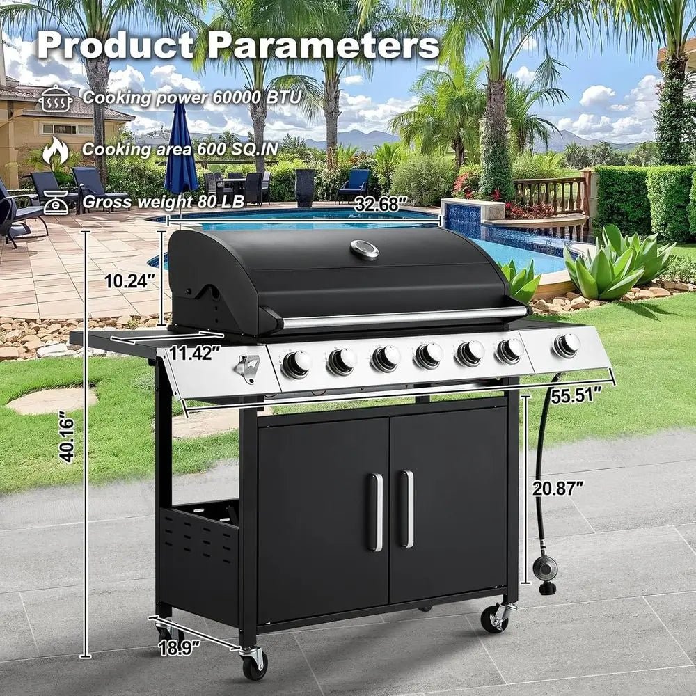 Upgraded 60,000 BTU Stainless Steel Burner Barbecue Grill, 6 Burner BBQ Propane Gas Grill with Side Stove & Cast Iron Grates for
