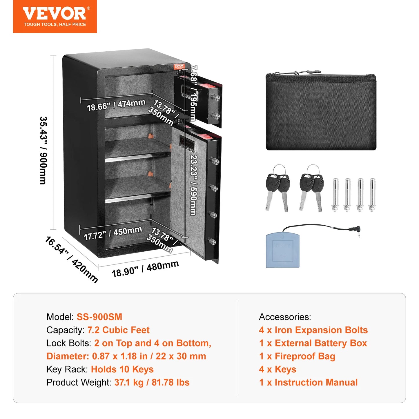 SucceBuy Single Door 4.0 cu.ft Safe Box w/ Key Lock Password & Fingerprint Safe Lock Box with Fireproof Bag Key Rack & LED Light