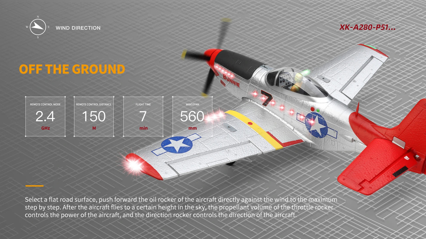 XK A280 P-51 3D/6G System 560mm Wingspan 2.4GHz 4CH EPP RC Airplane Fighter RTF With LED Lights Vehicles Toy Gift for Beginner