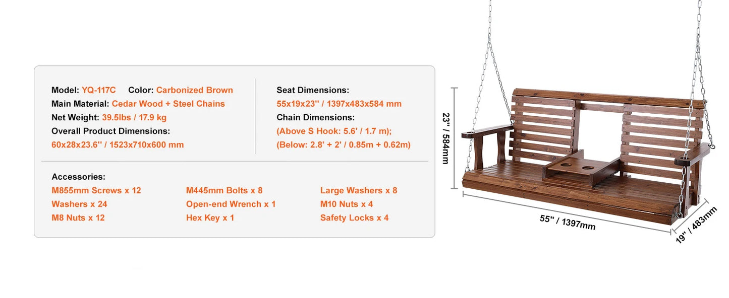 Wooden Porch Swing 5 ft Patio bench swing for Courtyard Garden Upgraded 880 lbs Strong Load Capacity Swing Chair Bench