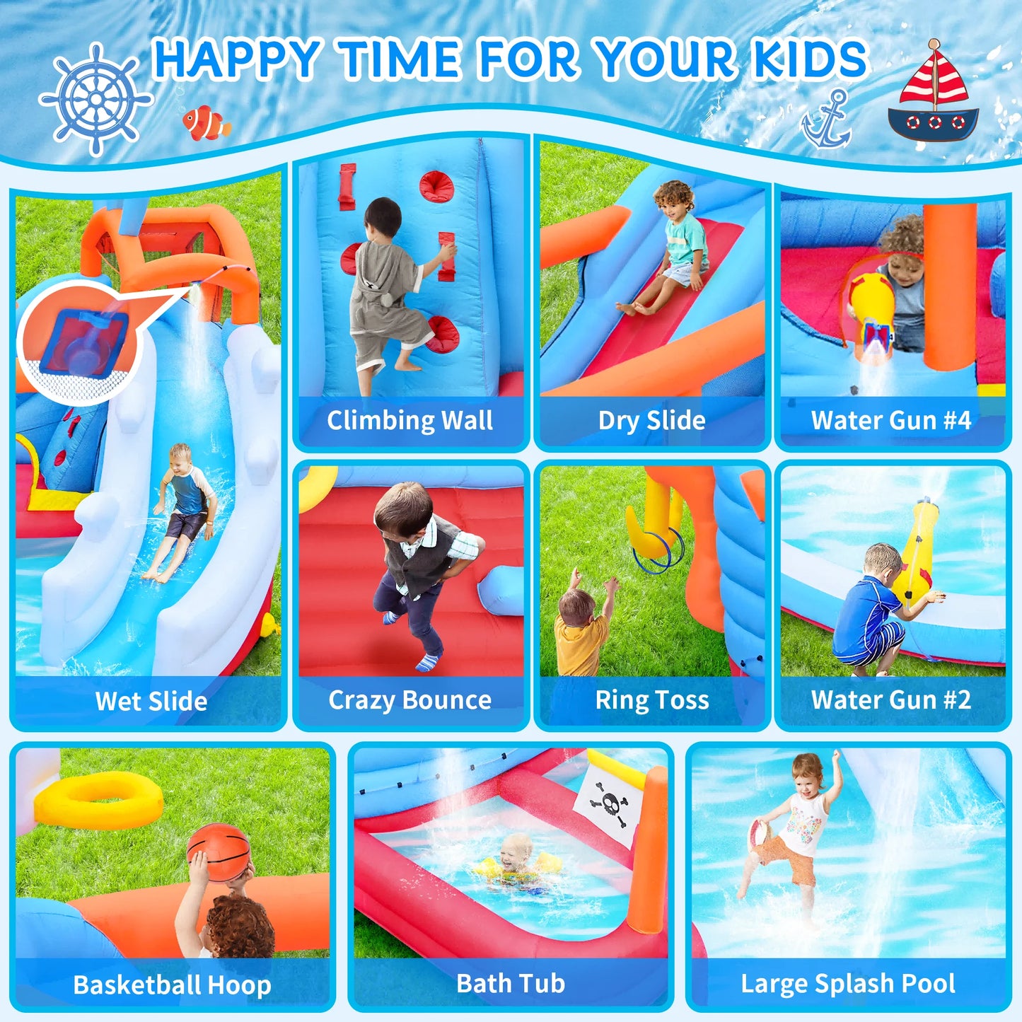 9-in-1 Inflatable Water Slide Park, Kids Bounce House with Jump Area, Dual Slides, Outdoor Backyard Party Inflatable Bouncy Cast