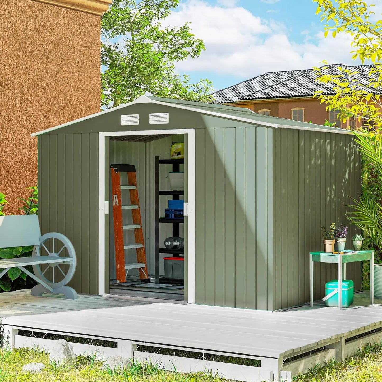 9x6ft Metal Outdoor Storage Shed Tool House Double Lockable Door Air Vents Sloping Roof Backyard Patio Lawn Customized