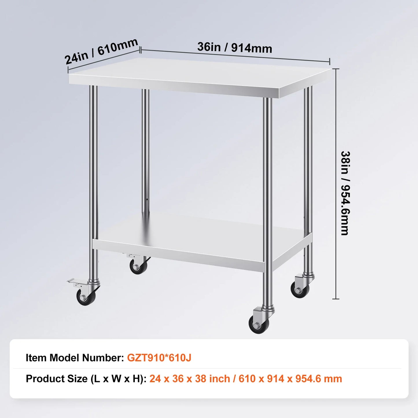 SucceBuy Stainless Steel Work Table with Wheels 3 Adjustable Height Levels Heavy Duty Food Prep Worktable for Commercial Kitchen