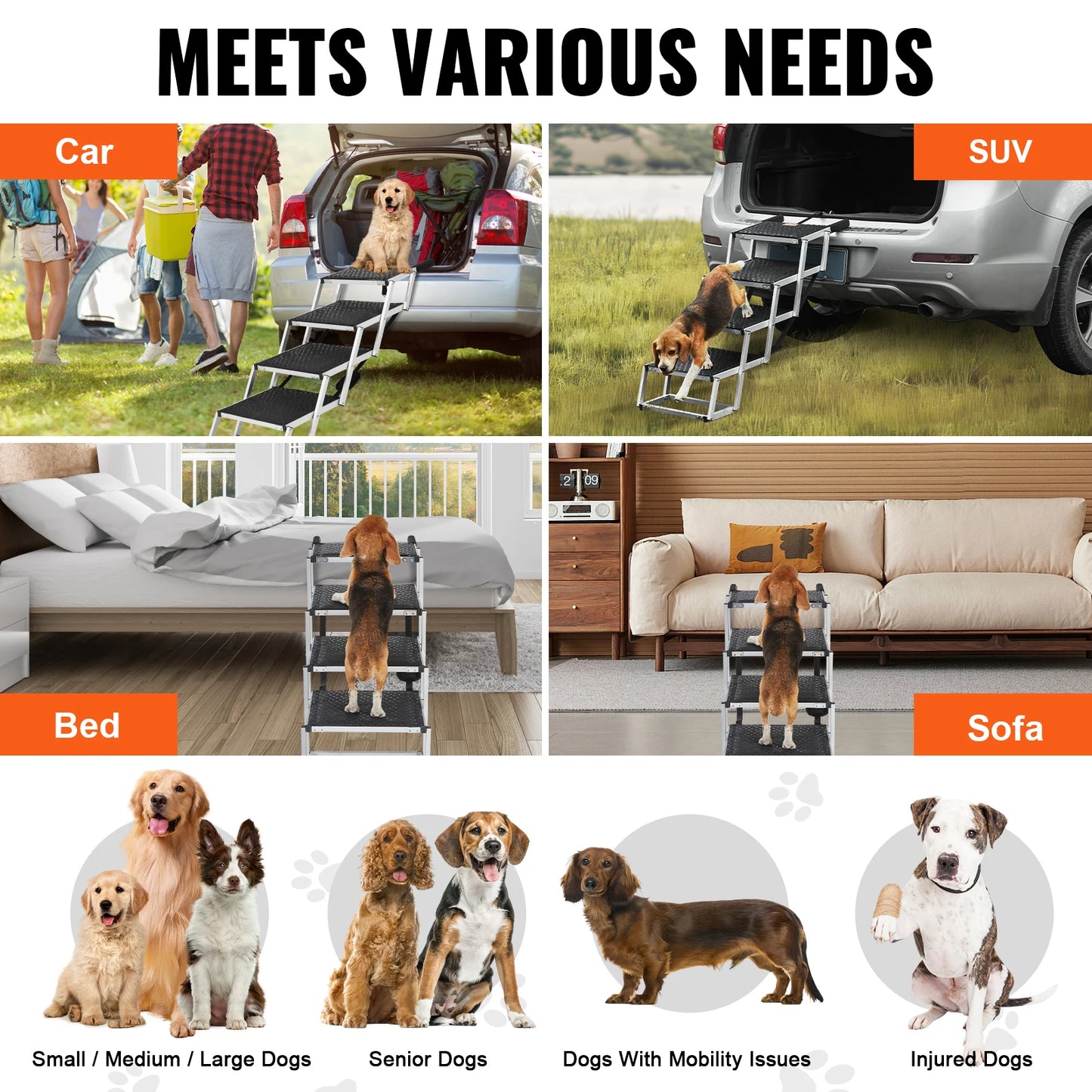 Dog Stair for Cars Wide Dog Car Steps Folding Portable Pet Steps Lightweight Aluminum for Car SUV and Truck 150 lbs