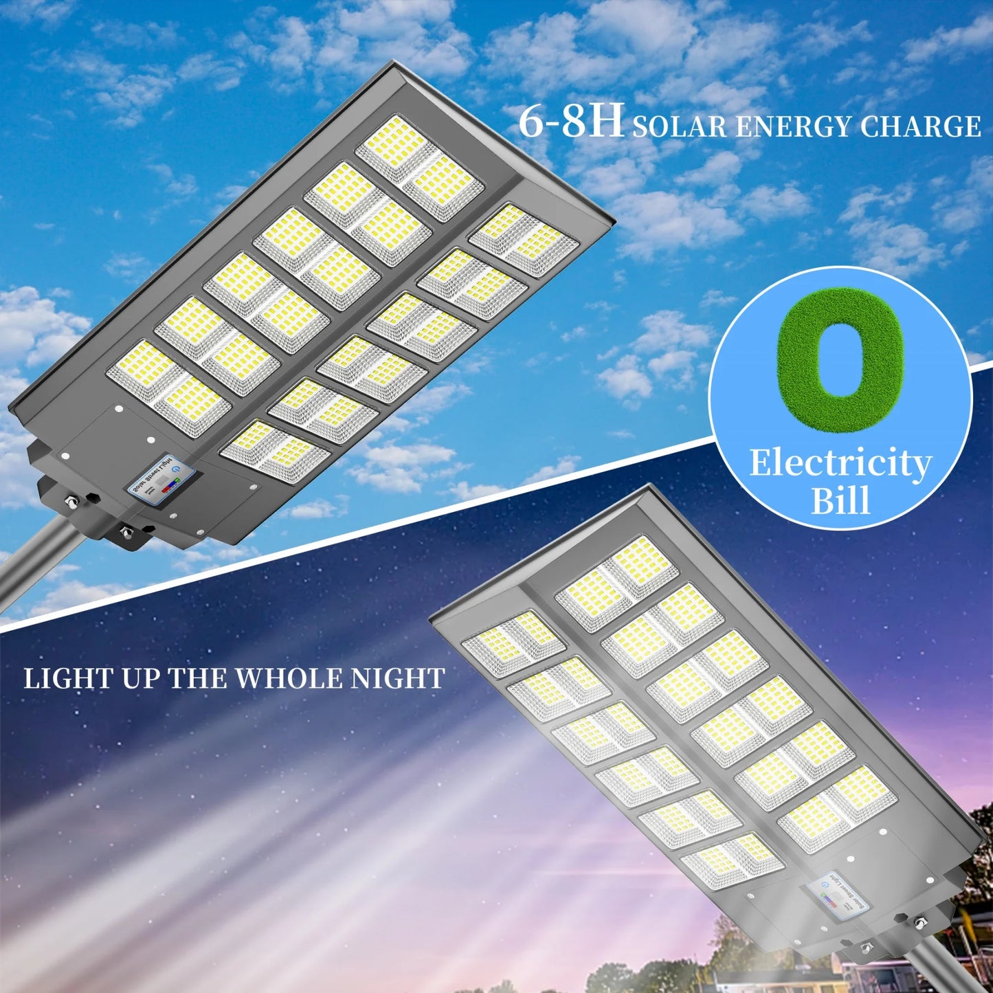 6000-watt waterproof solar street lights. Automatically turn on at dusk and are equipped with motion sensors. Suitable for comme