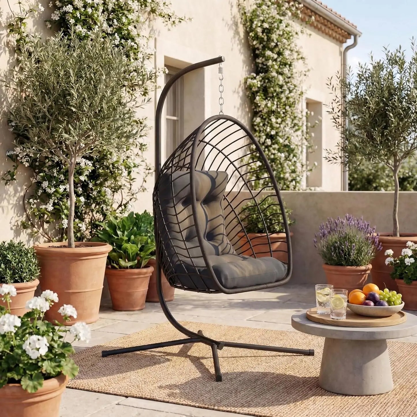PE Rattan Egg Chair With Stand Hanging Swing Cushion Heavy Duty Metal Frame 350lbs Patio Porch Garden Bedroom 2pcs Customized