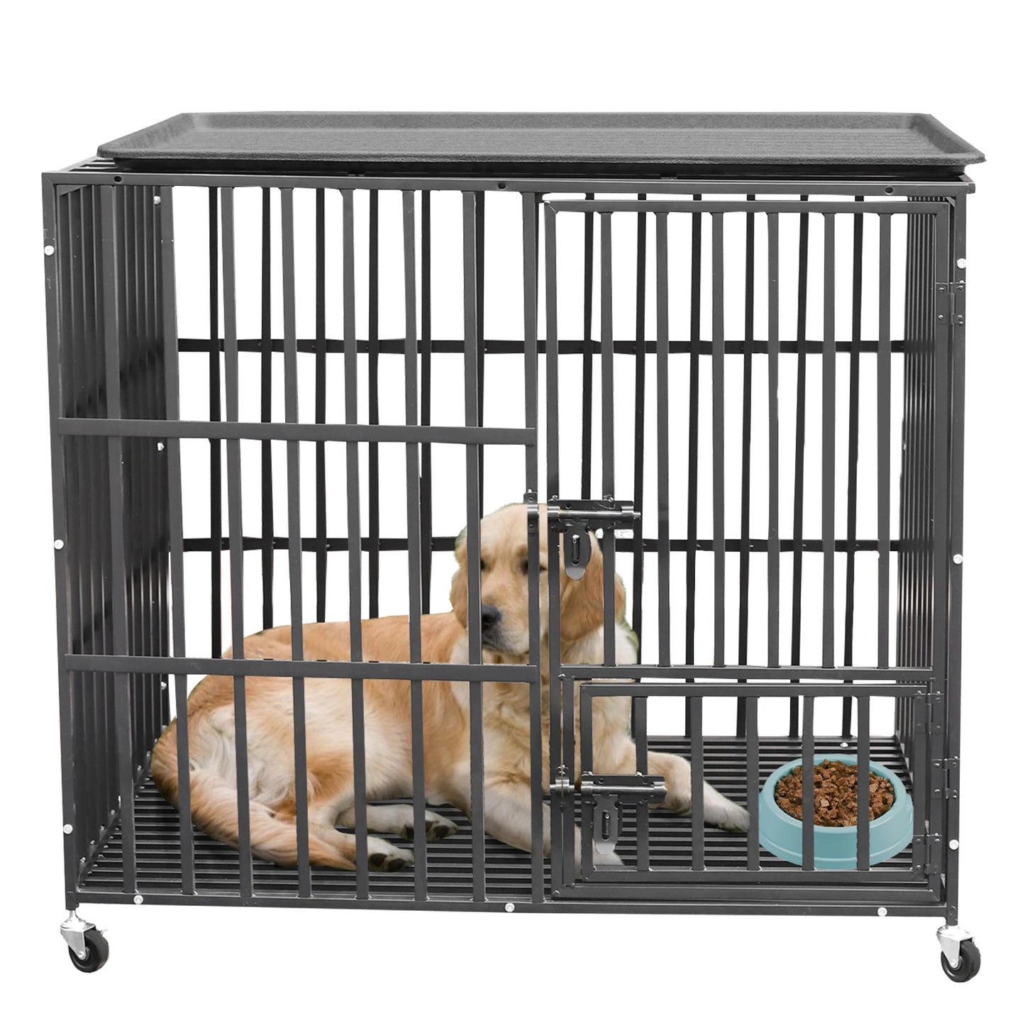 37” 42” 46” Heavy Duty Dog Cage Metal Pet Dog Crate 3 Doors Locks Design Kennel Playpen with 4 Wheels Removable Tray