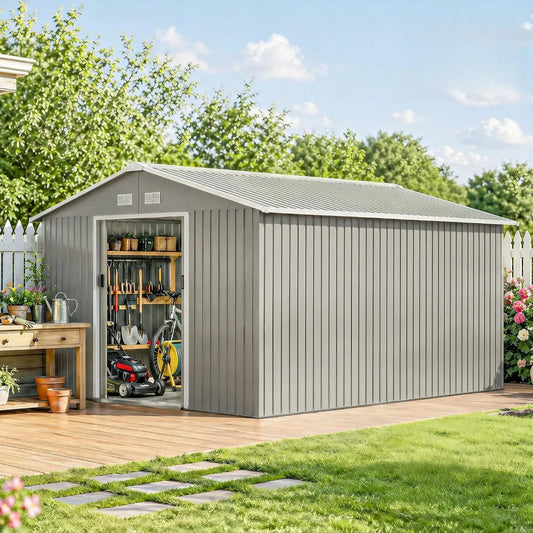 Outdoor Storage Shed, Garden Tool Metal Shed with Foundation Kit, Double Lockable Door, Air Vents and Sloping Roof, for Backyard, Patio, Lawn, Light Gray