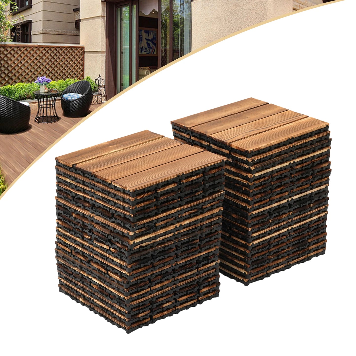 36 PCS 12"x12" Solid Wood Floor Tile Non-slip Waterproof Hardwood Interlocking Deck Tiles Garden Balcony Outdoor Flooring Decor