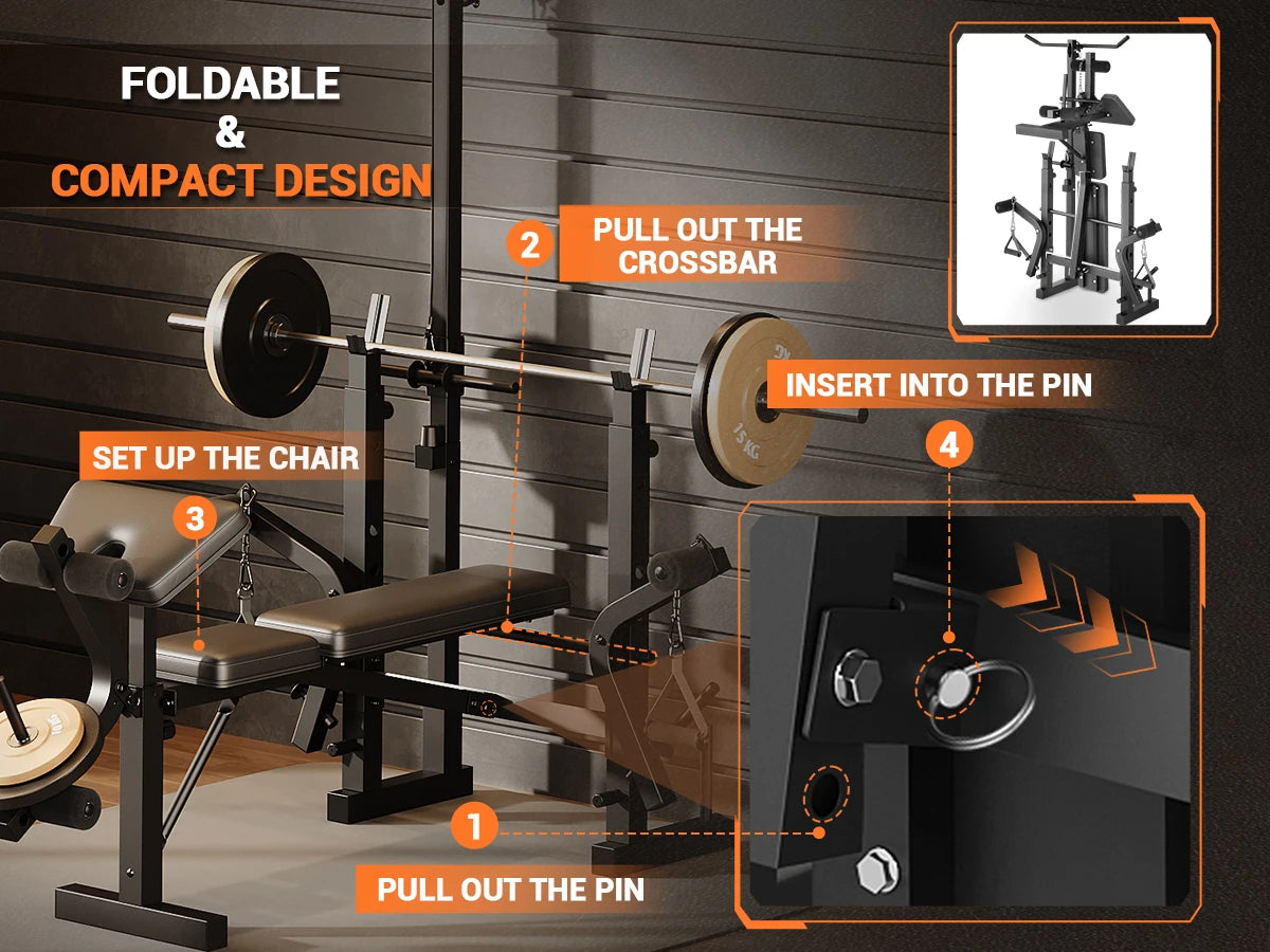 Adjustable 4-in-1 Weight Bench Set with Leg Developer Barbell Rack Butterfly Arm Preacher, Foldable Workout Bench for Home Gym