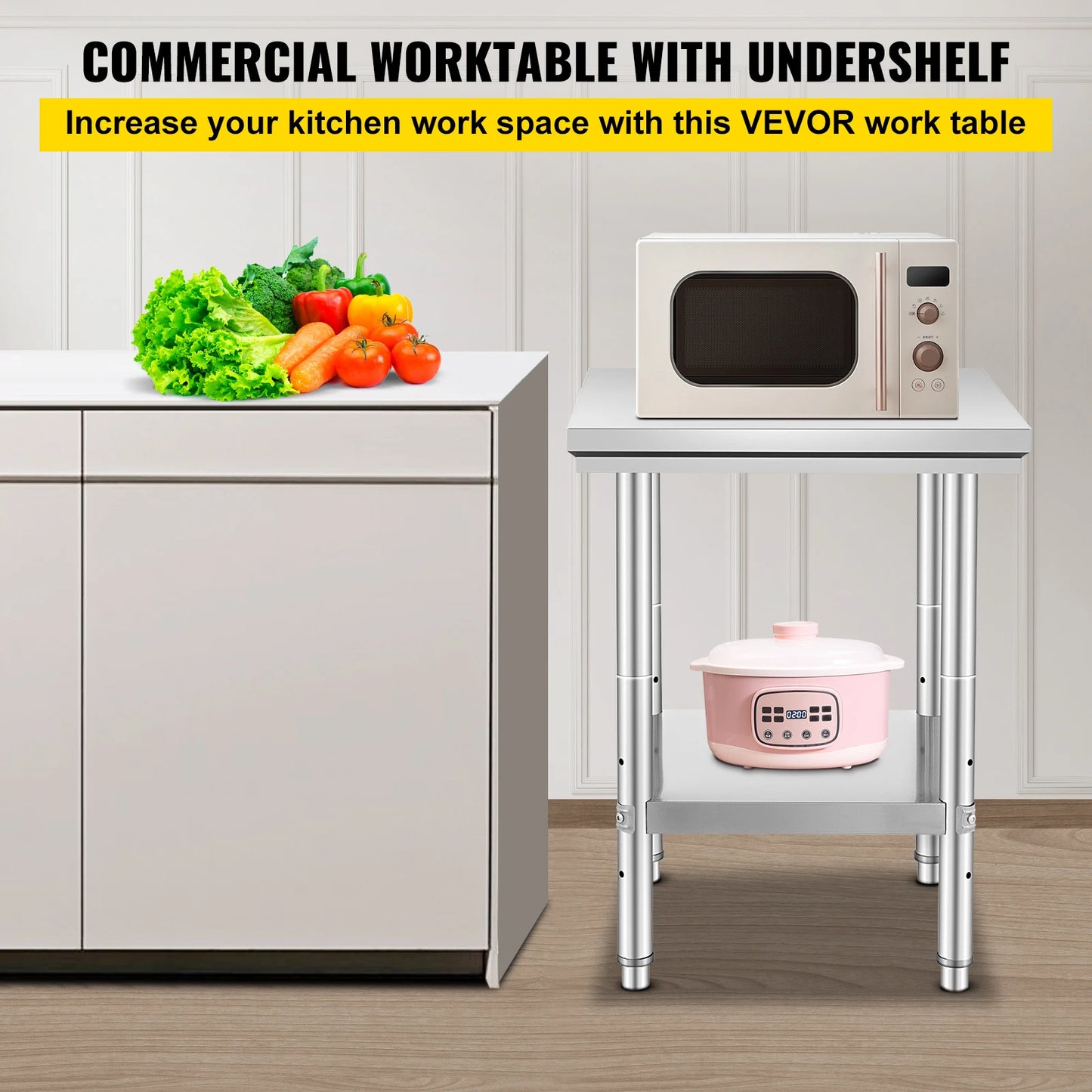 SucceBuy Stainless Steel Table for Prep & Work Metal Commercial Kitchen Heavy Duty Table with Adjustable Under Shelf and Foot