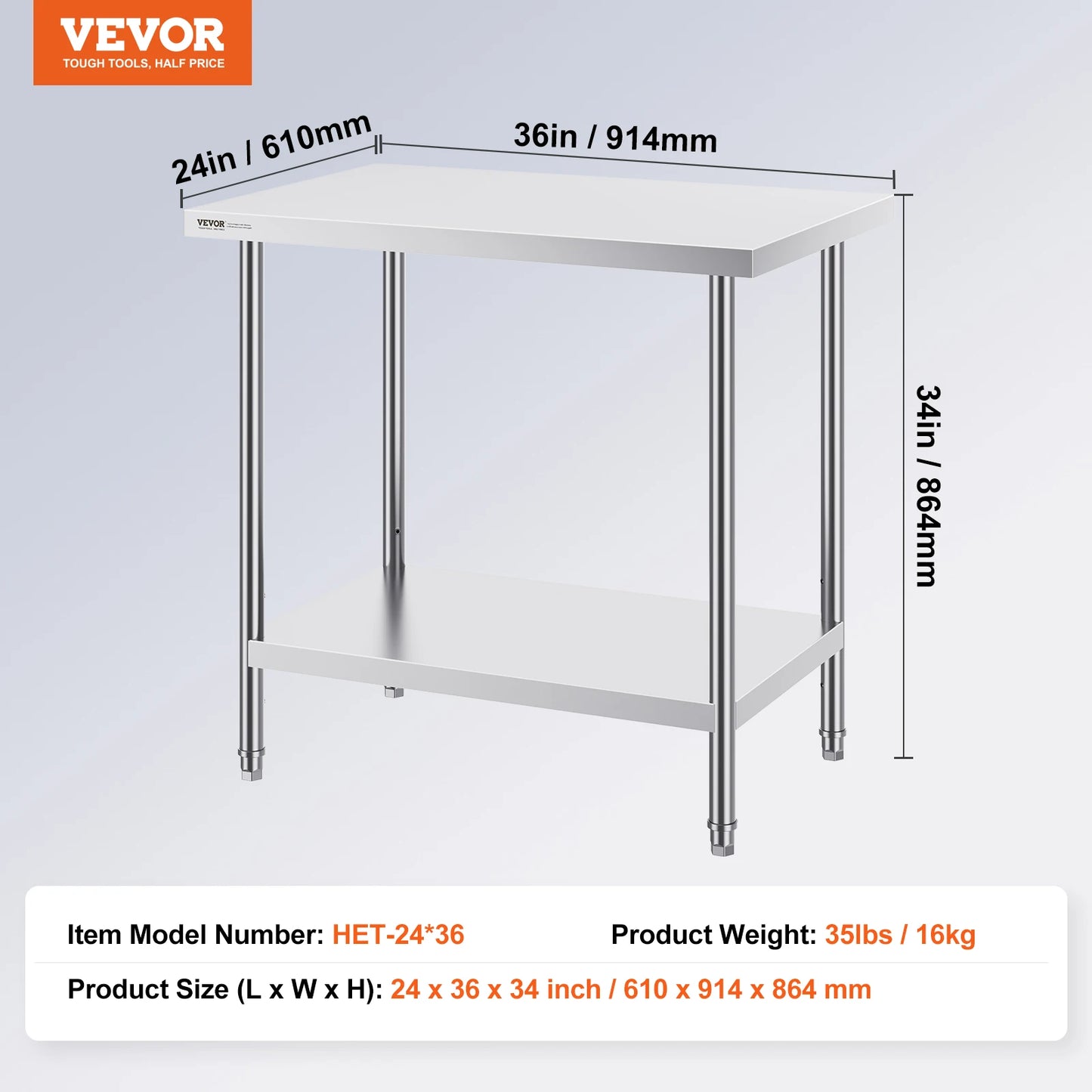 VEVOR Stainless Steel Prep Table High Load Bearing with Undershelf Commercial Workstation for Kitchen Garage Restaurant Backyard