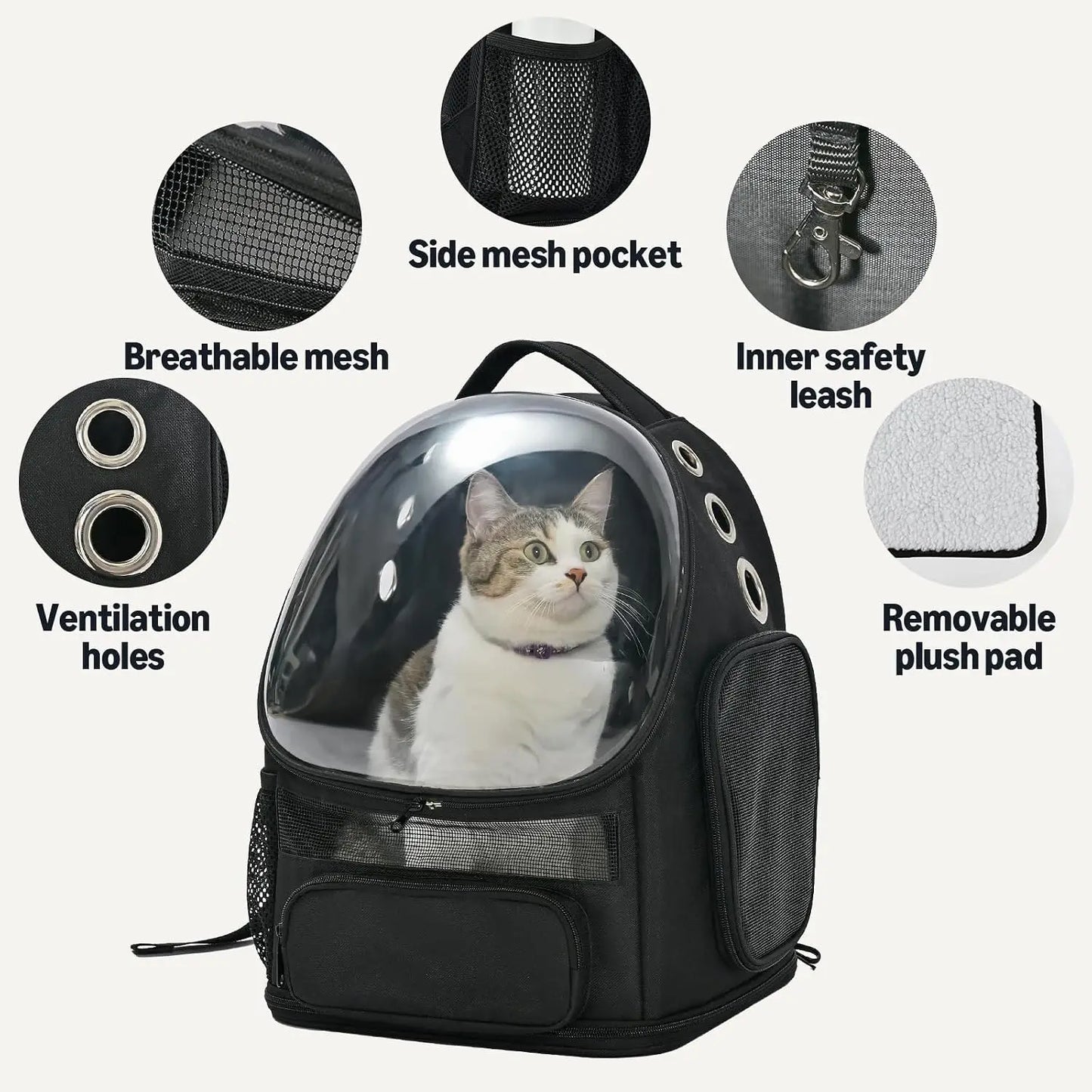 Collapsible Pet Carrier Backpack for Small Cats & Dogs, Bubble Window, Breathable Mesh, Foldable Travel, Black
