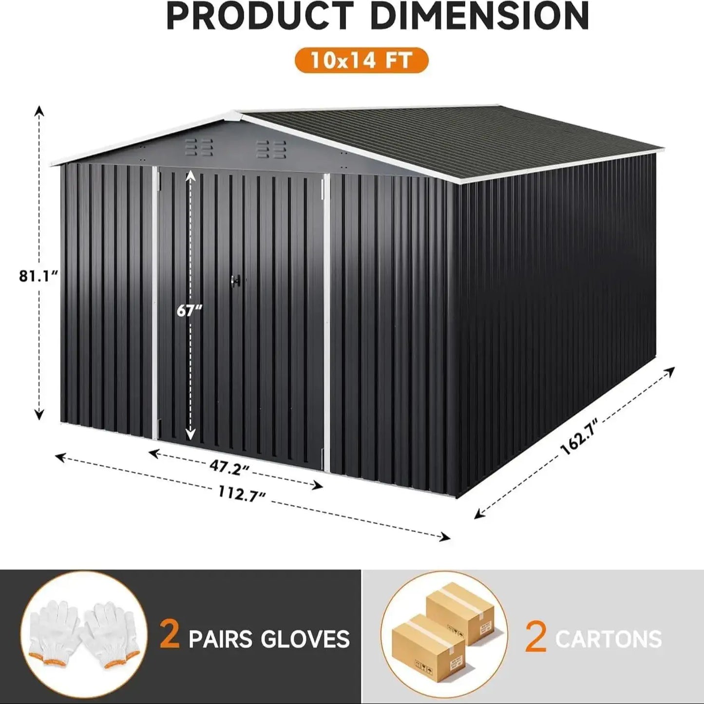 VIWAT 10x14FT Galvanized Steel Storage Shed, Reinforced Frame & Lockable Door, Garden Tool Shed for Backyard, Patio