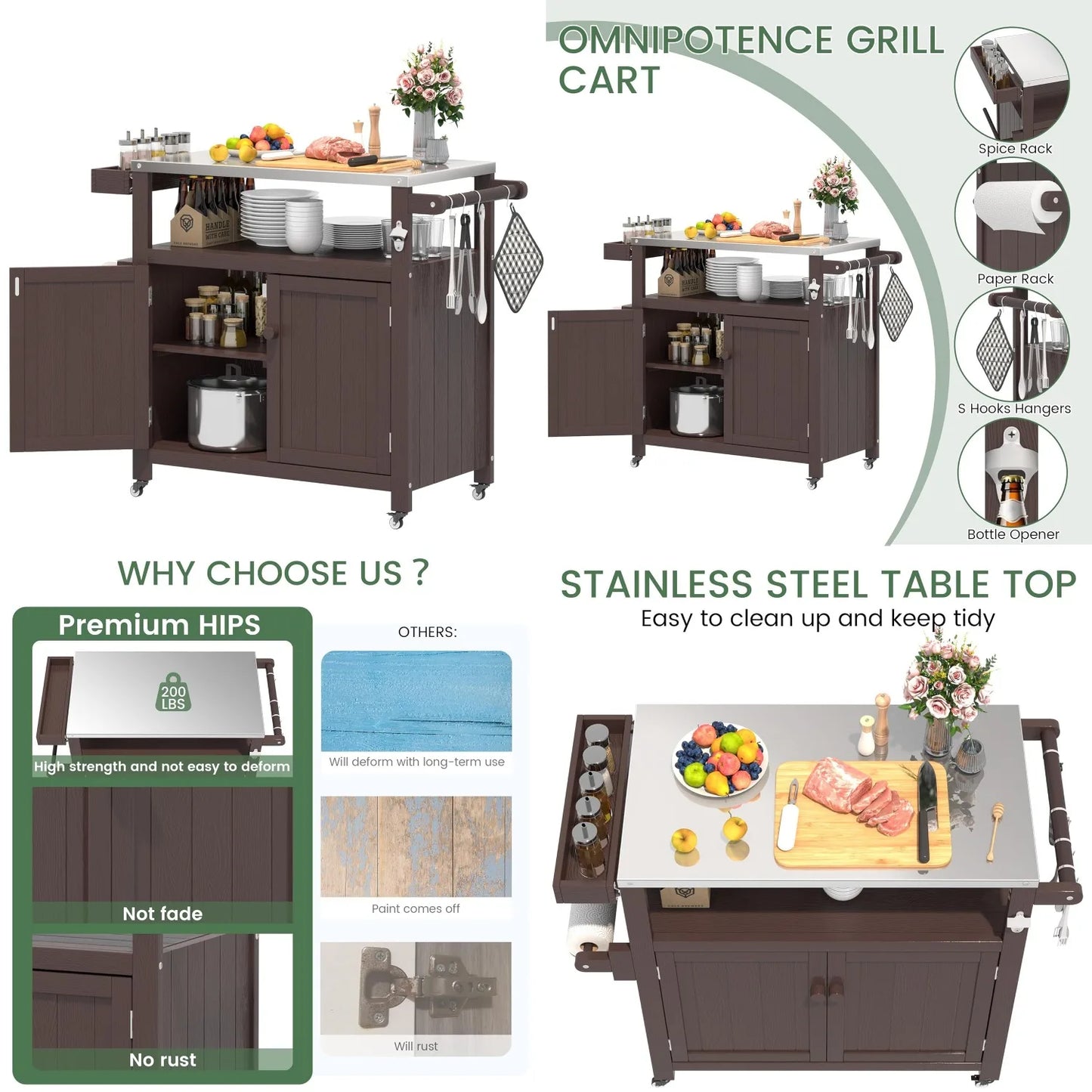 HIPS Outdoor Kitchen Island Stainless Top Cabinet Wheels BBQ Prep Brown, Customized