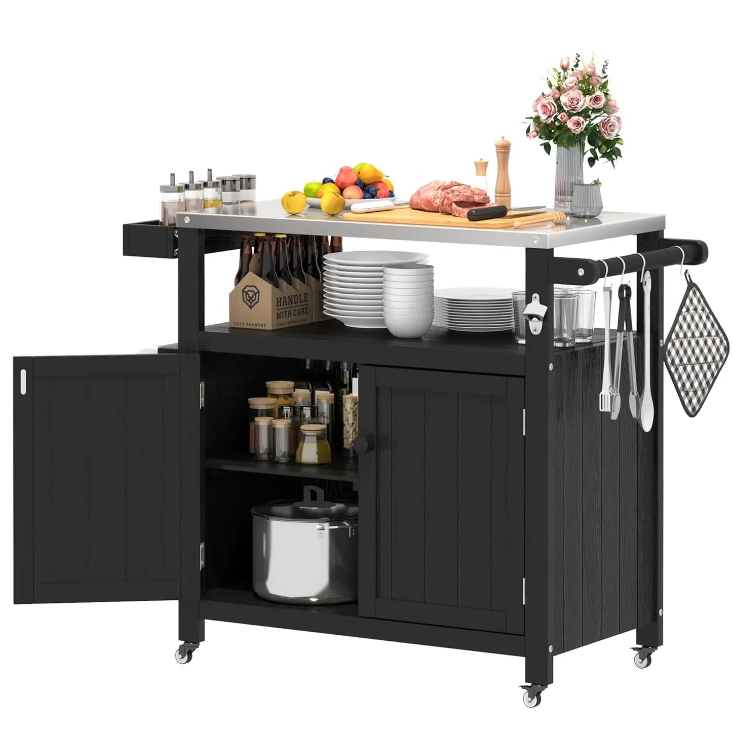 HIPS Outdoor Kitchen Island Stainless Top Cabinet Wheels BBQ Prep Brown, Customized
