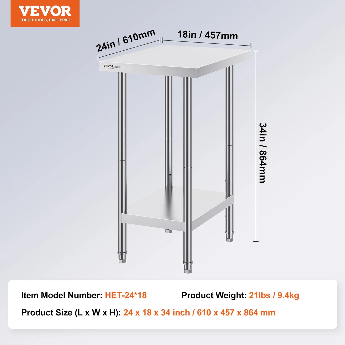VEVOR Stainless Steel Prep Table High Load Bearing with Undershelf Commercial Workstation for Kitchen Garage Restaurant Backyard
