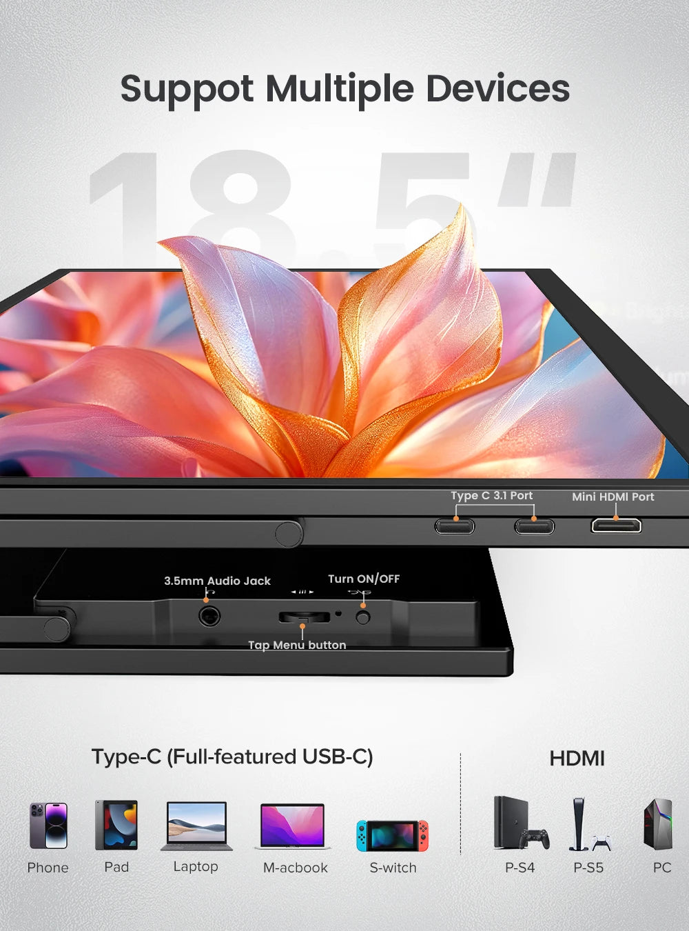18.5'' Portable Monitor 120hz Second Laptop Screen Gaming Display with Kickstand 1080P IPS USB C HDMI For Mac PC Xbox