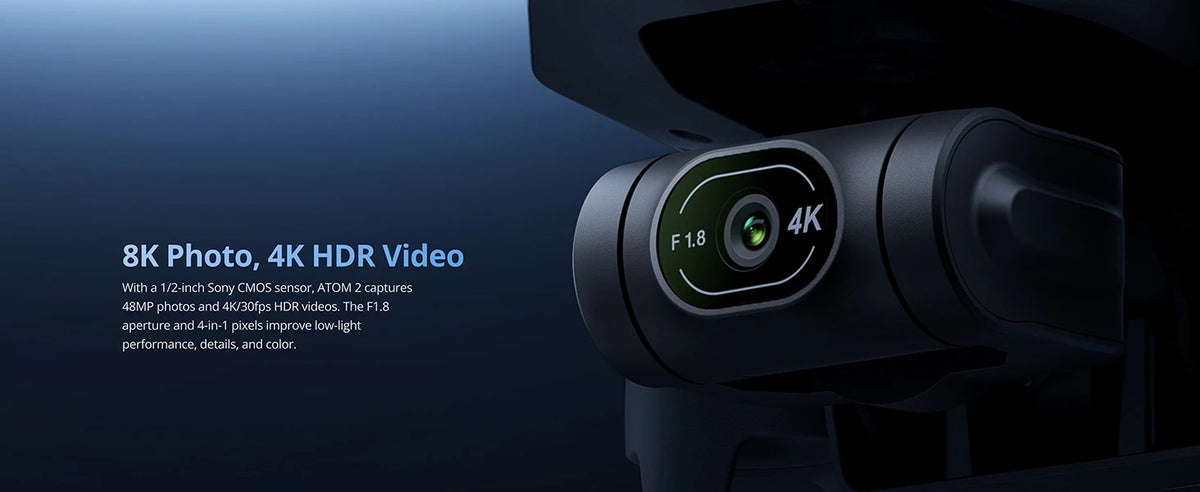 ATOM 2 3-Axis Gimbal Camera Drone 4K HDR Video, 8K Photo, Vertical Shooting, 10-KM, AI Night Shot Tracking, Under 249g