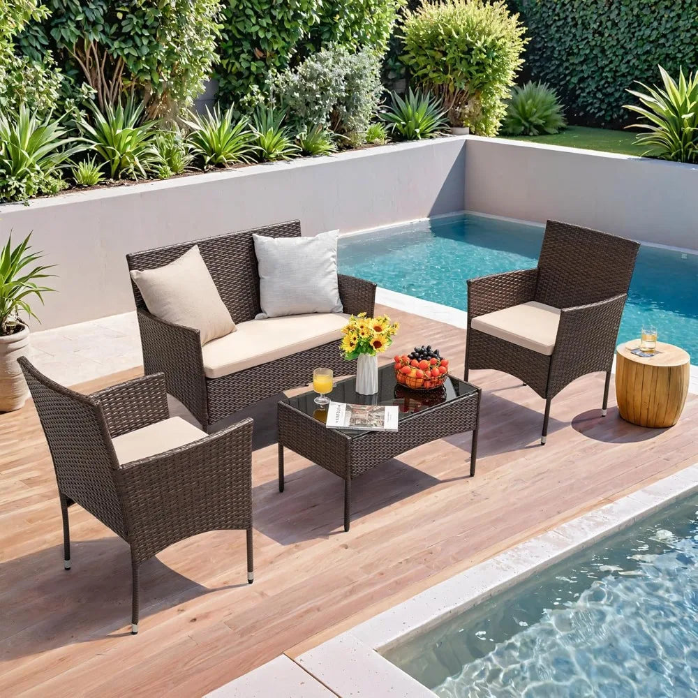 4 Pieces Outdoor Patio Furniture Sets Rattan Chair Wicker Set,Outdoor Indoor Use Backyard Porch Garden Poolside Balcony