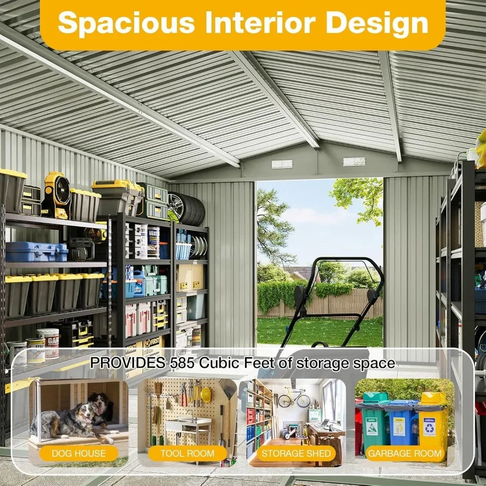 10x12 FT Outdoor Storage Shed with Floor Foundation & Lockable Double Doors, Heavy-Duty Galvanized Steel Outdoor Metal Shed