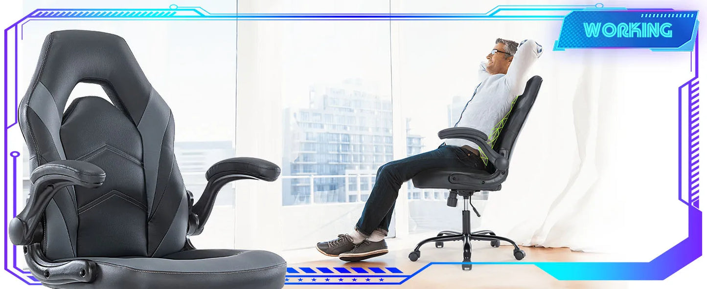 JHK Ergonomic Office Computer Home Gaming Desk Chair Adjustable PU Leather Racing Chair Flip-up Armrest