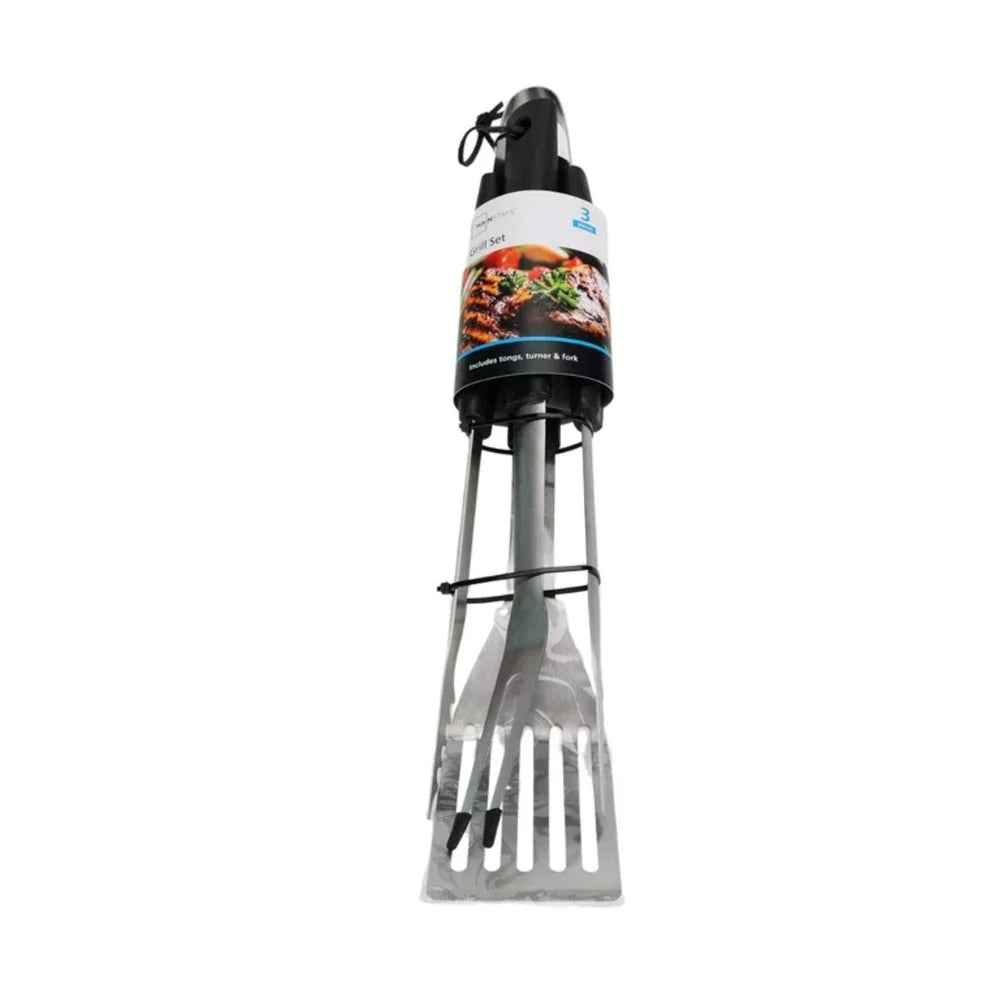 3 Piece Stainless Steel Barbecue Tool Set Fork Tongs Spatula Grilling Utensils Durable Plastic Handle BBQ Cooking