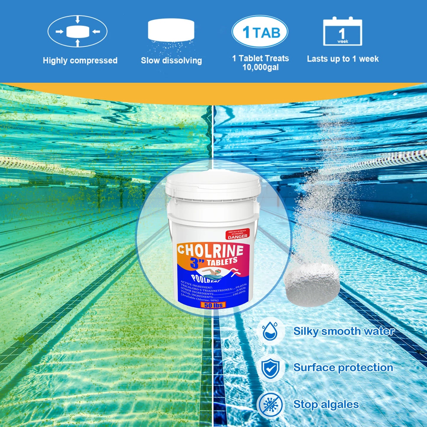 3 inch 50 Pounds Chlorine Tablets ,  Stabilized Chlorine Tablets for Hot Tubs, Swimming Pools and Spas - Slow Dissolving