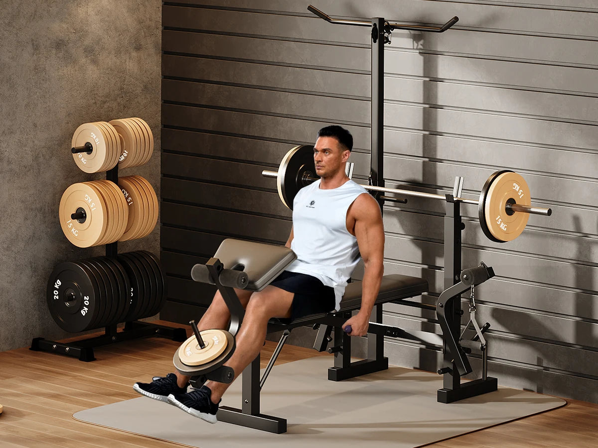 Adjustable 4-in-1 Weight Bench Set with Leg Developer Barbell Rack Butterfly Arm Preacher, Foldable Workout Bench for Home Gym