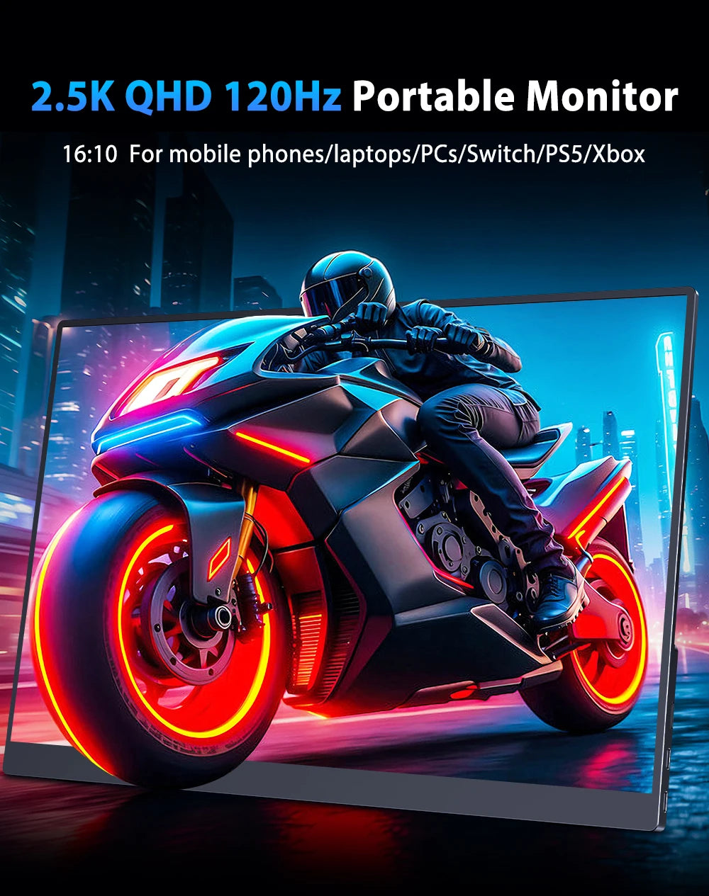 16" 2K Portable Monitor 2560*1600 16:10 100%sRGB 500Cd/m² 120Hz Gaming Display For Xbox PS5 Switch Laptop Mac Phone