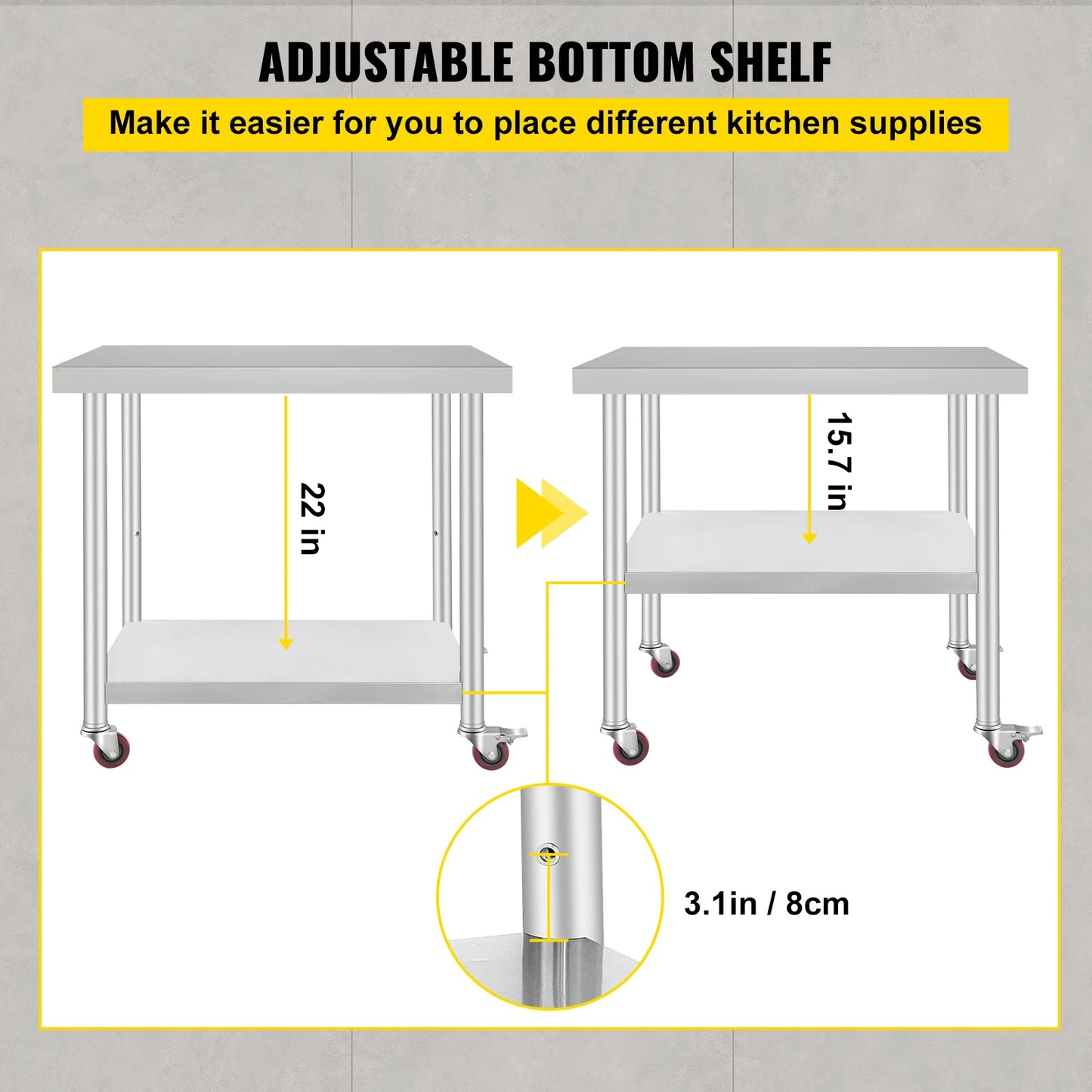 SucceBuy 36 x 30 inch Stainless Steel Work Table with 4 Wheels Heavy Duty Food Prep Worktable for Commercial Kitchen Restaurant