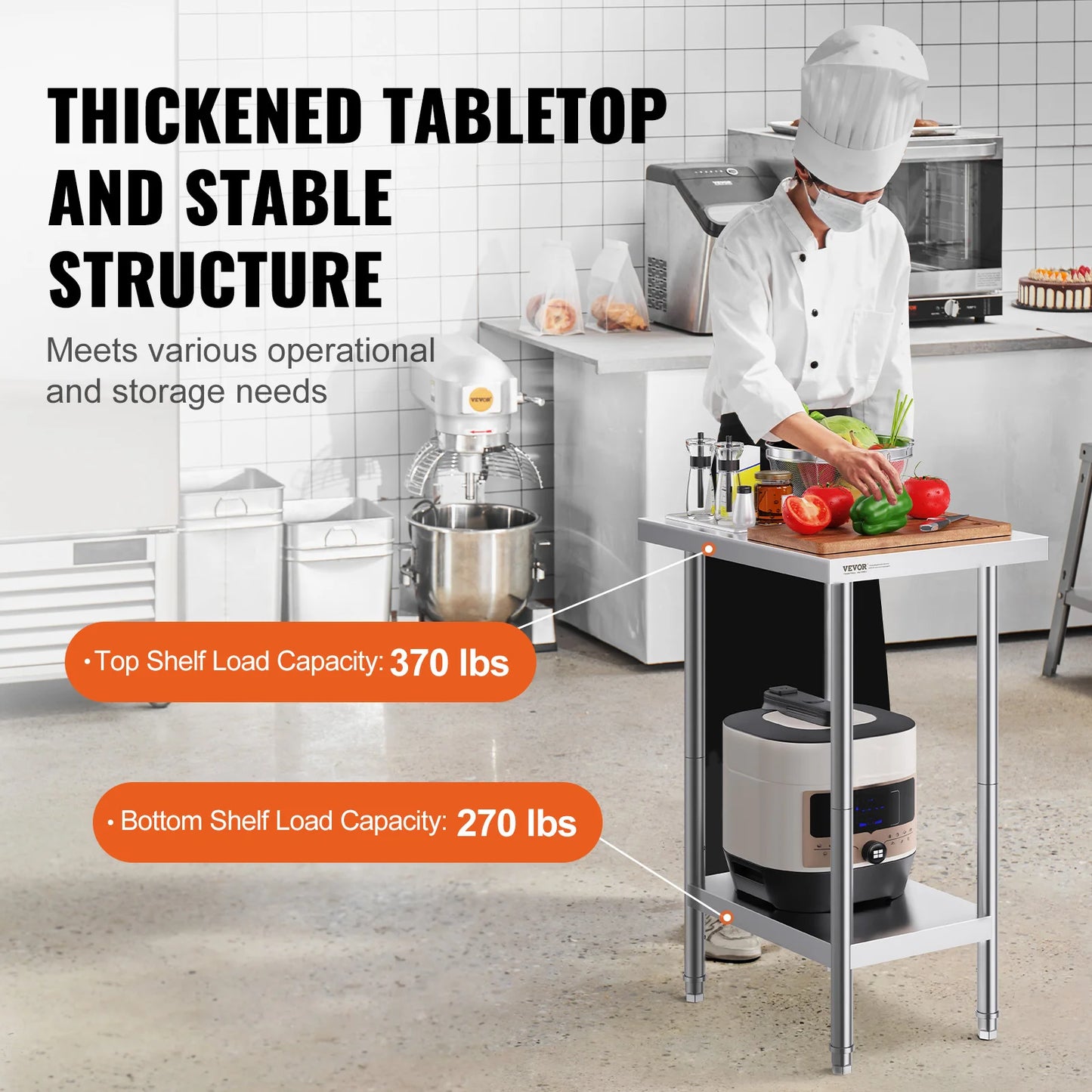 VEVOR Stainless Steel Prep Table High Load Bearing with Undershelf Commercial Workstation for Kitchen Garage Restaurant Backyard